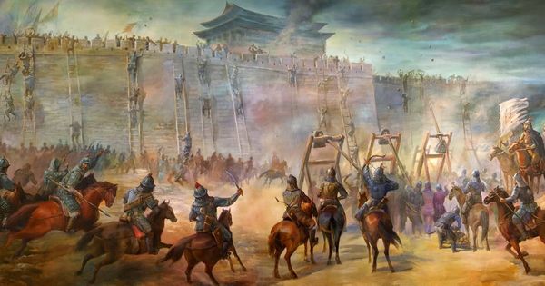 Foto: Recreación de la toma de la ciudad trurkmena amurallada de Merv por los mongoles de Gengis Khan