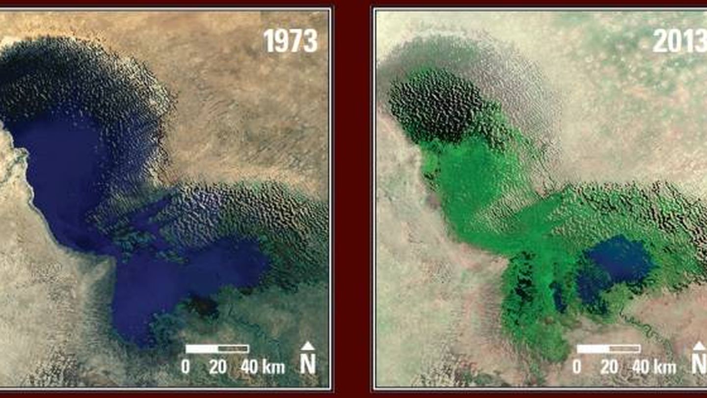El lago Chad, en 1973 y en 2013. (USGS)