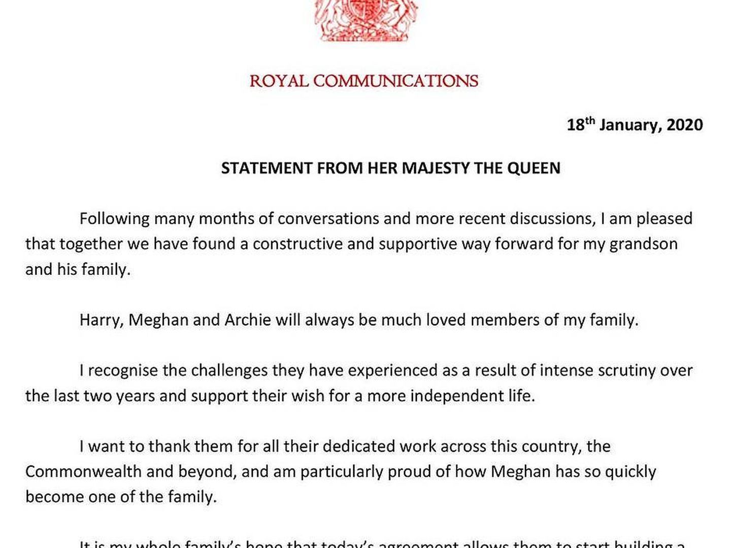 Comunicado de la reina Isabel II sobre la salida de Meghan y Harry de la Casa Real. (Buckingham Palace)