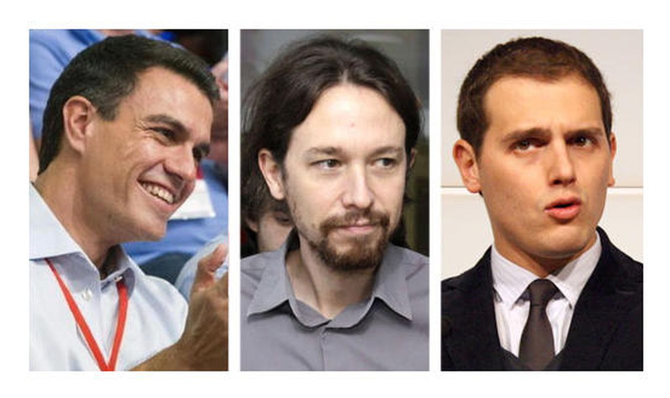 Los líderes de las fuerzas políticas que pueden vencer a los populares. Pedro Sánchez (PSOE), Pablo Iglesias (Podemos) y Albert Rivera (Ciudadanos)