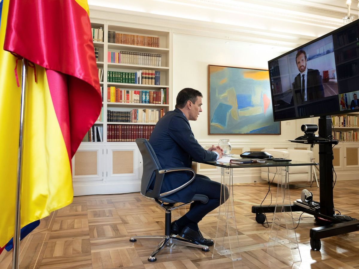 Foto: Pedro Sánchez, durante la reunión por videoconferencia con Pablo Casado, este 20 de abril en la Moncloa. (EFE)