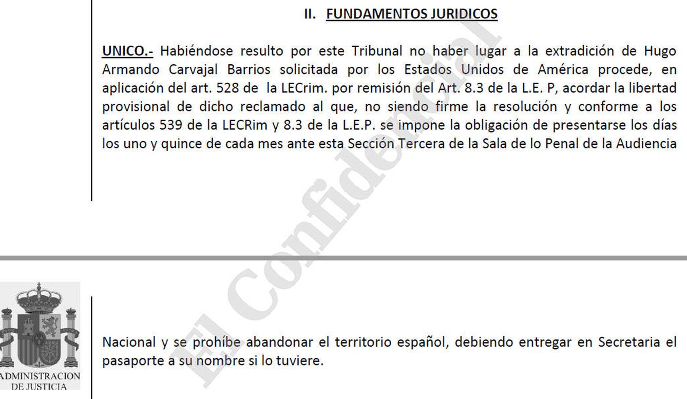Fragmento del auto de libertad de Hugo Carvajal emitido por la Audiencia Nacional