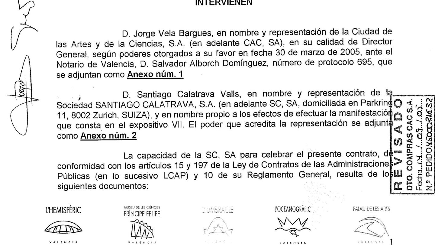 Documento del contrato del Ágora de Valencia entre la Ciudad de las Ciencias y la sociedad suiza Santiago Calatrava SA.