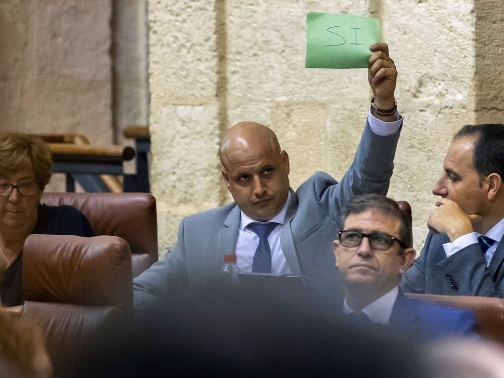 Foto: El diputado de Vox Rodrigo Alonso indica a sus compañeros el sentido del voto en el Parlamento de Andalucía en Sevilla. (EFE)