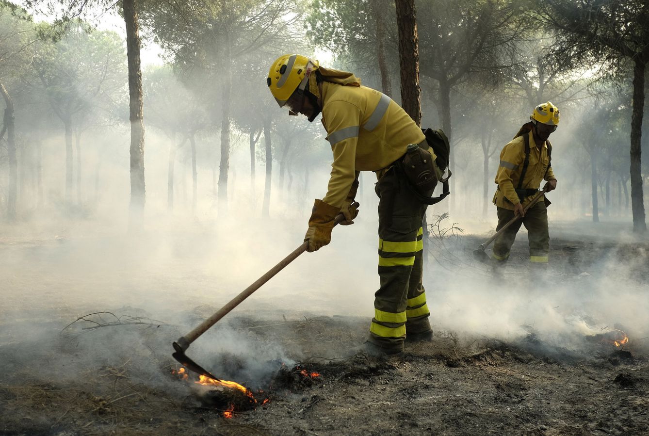 Bomberos trabajando en los alrededores de Mazagón durante el incendio de 2017. (EFE/Julián Pérez)
