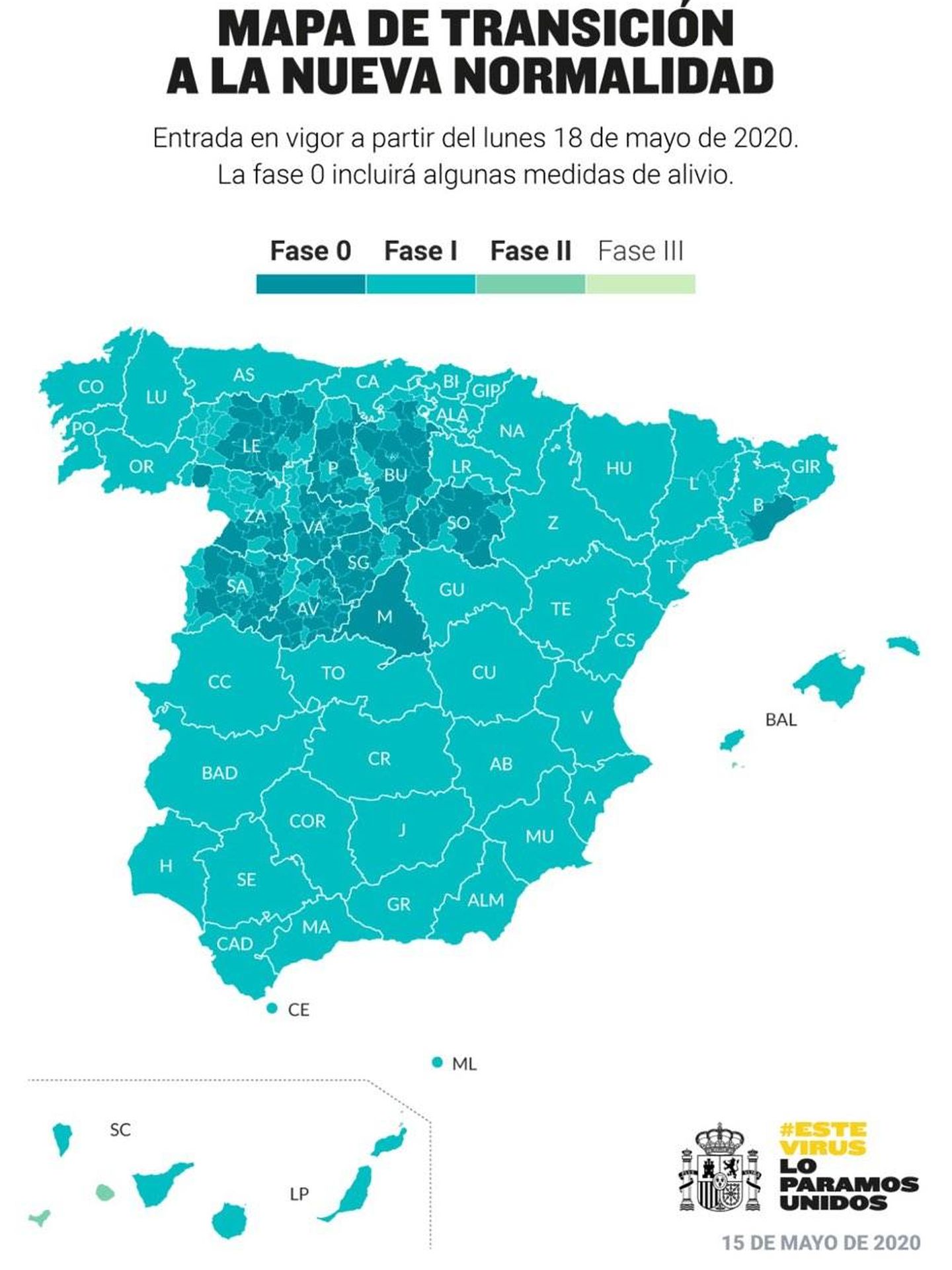Pinche para ver el mapa de la desescalada en España, a 15 de mayo de 2020. (Moncloa)