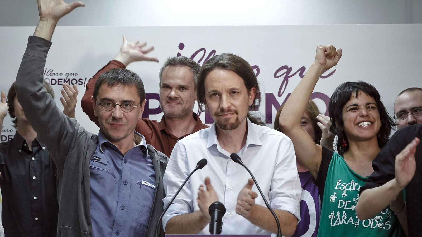 Foto: Pablo Iglesias y otros dirigentes del partido durante la noche electoral de las europeas en 2014. (EFE)