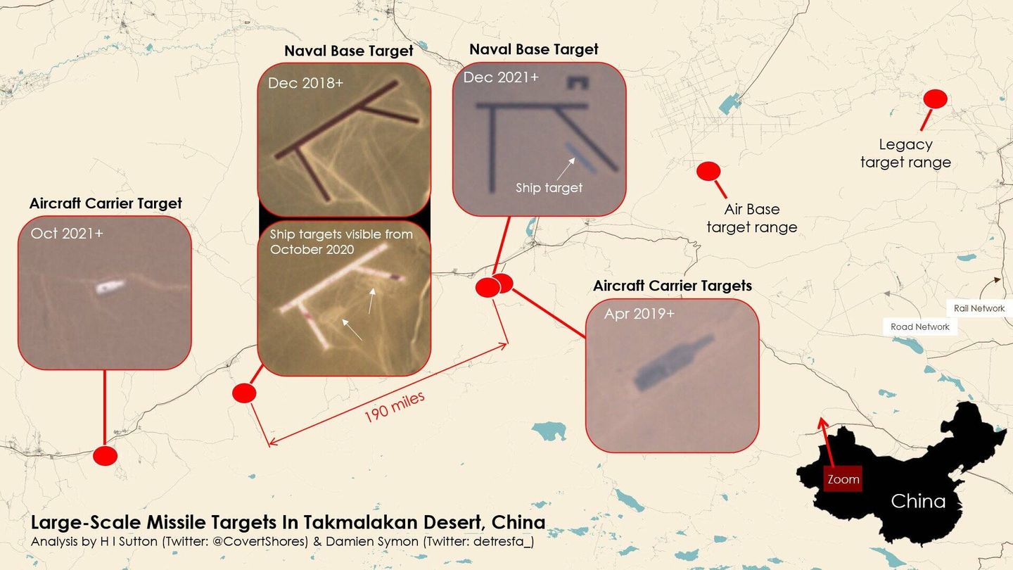 Diferentes localizaciones para las pruebas de ataque a buques americanos en el desierto de Taklamakán (H I Sutton / Maxar)