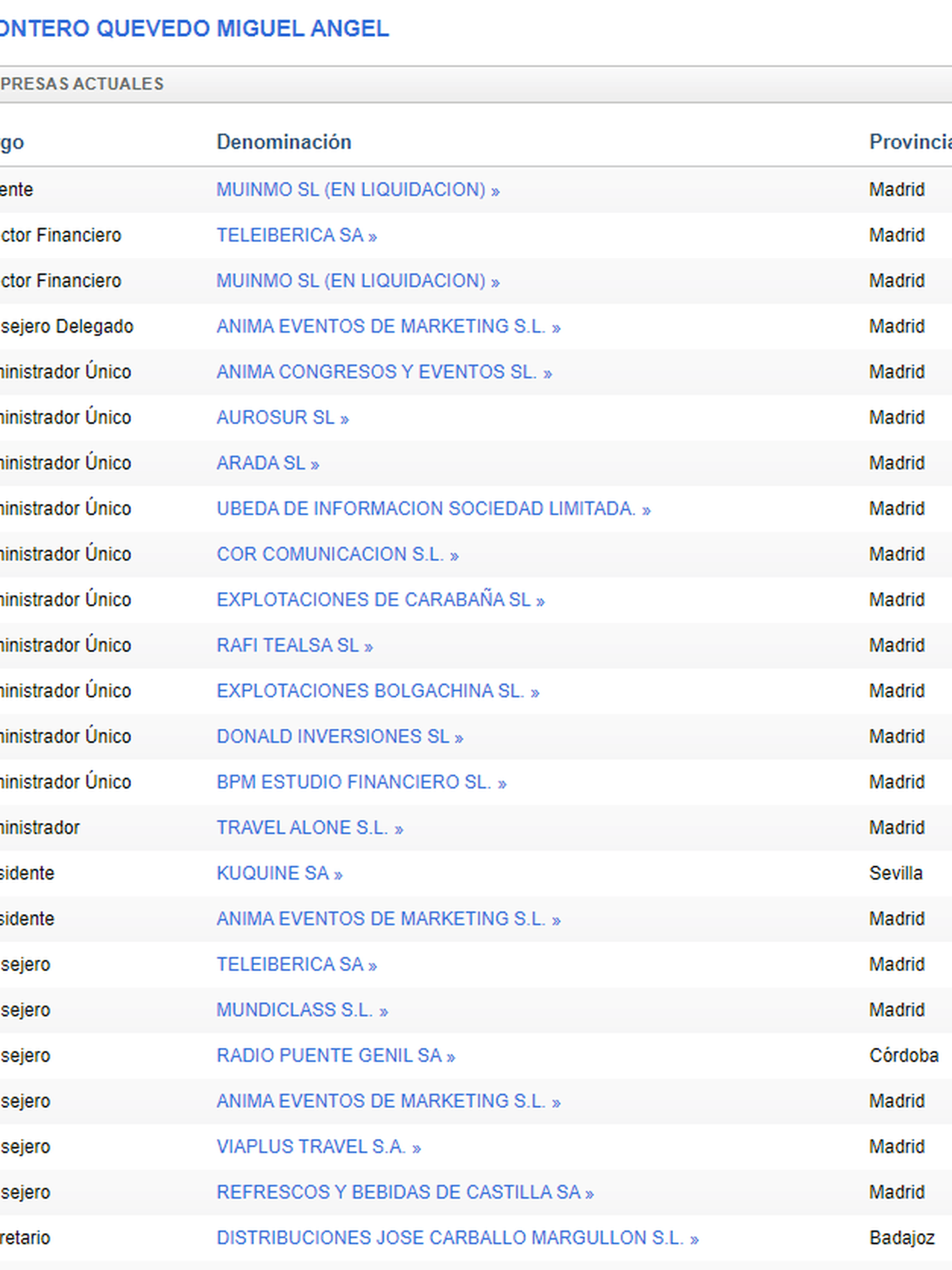 Lista de los principales cargos que ocupa Montero Quevedo en decenas de mercantiles (Informa). (Pinche para ampliar)