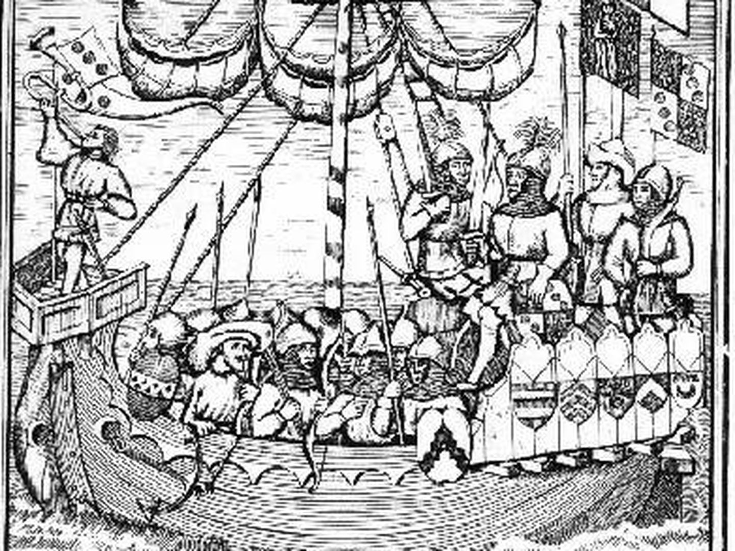 Ilustración del manuscrito medieval 'Le Canarien', representando a Gadifer de La Salle en su barco durante la expedición a las Islas Canarias en 1402.