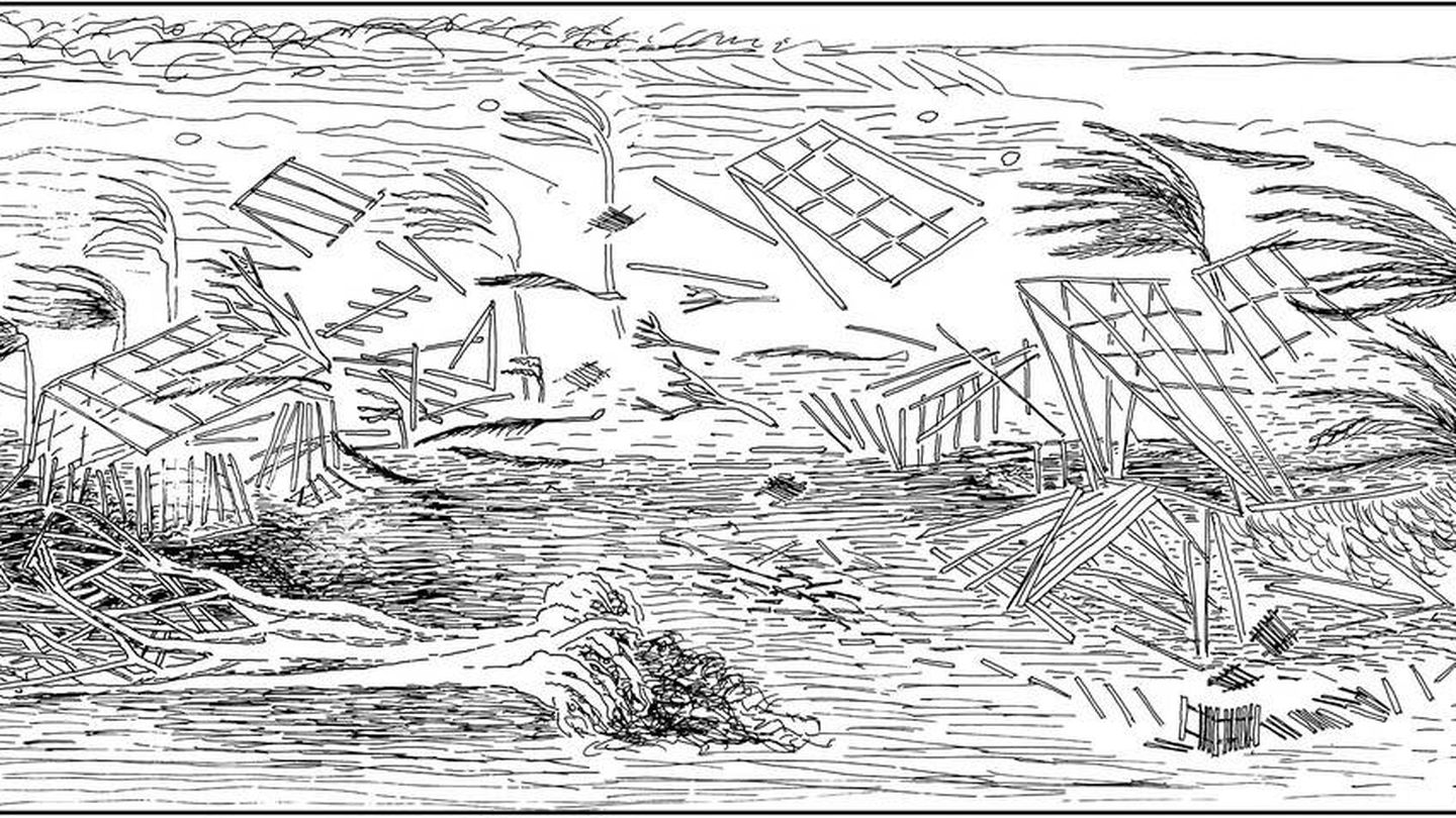 Representación artística de la destrucción y el caos que tuvo lugar en un recinto hawaiano durante el huracán de Hawái de 1871.  Cita: Boletín de la Sociedad Meteorológica Estadounidense 99, 1.