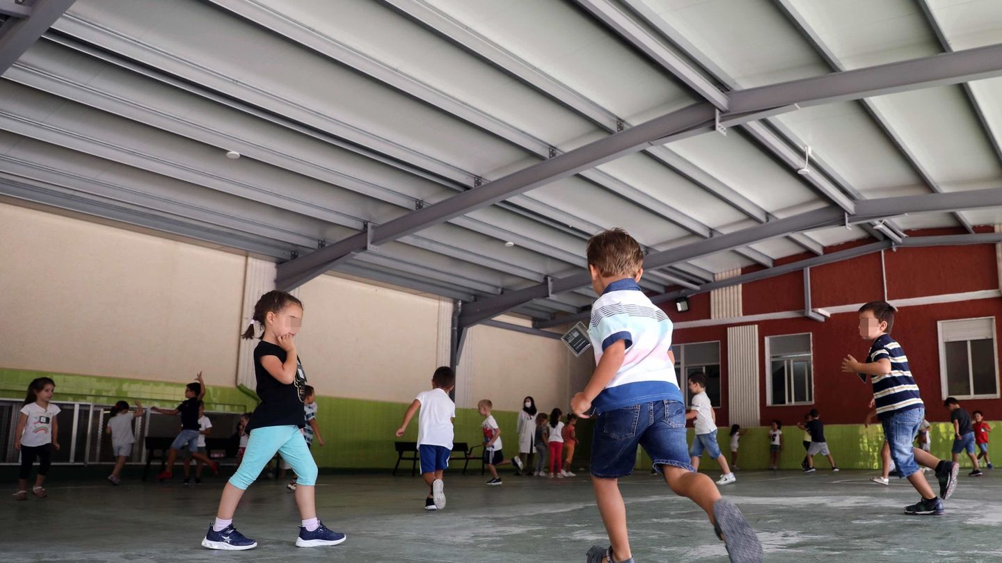 Un grupo de niños juega con distancia en un patio escolar. (EFE)