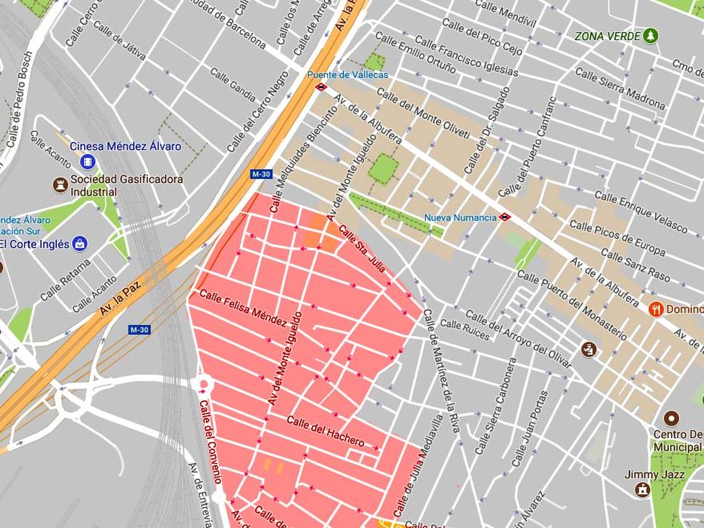 La zona más afectada de Vallecas, en rojo, está a cien metros de la Estación Sur (Google Maps)