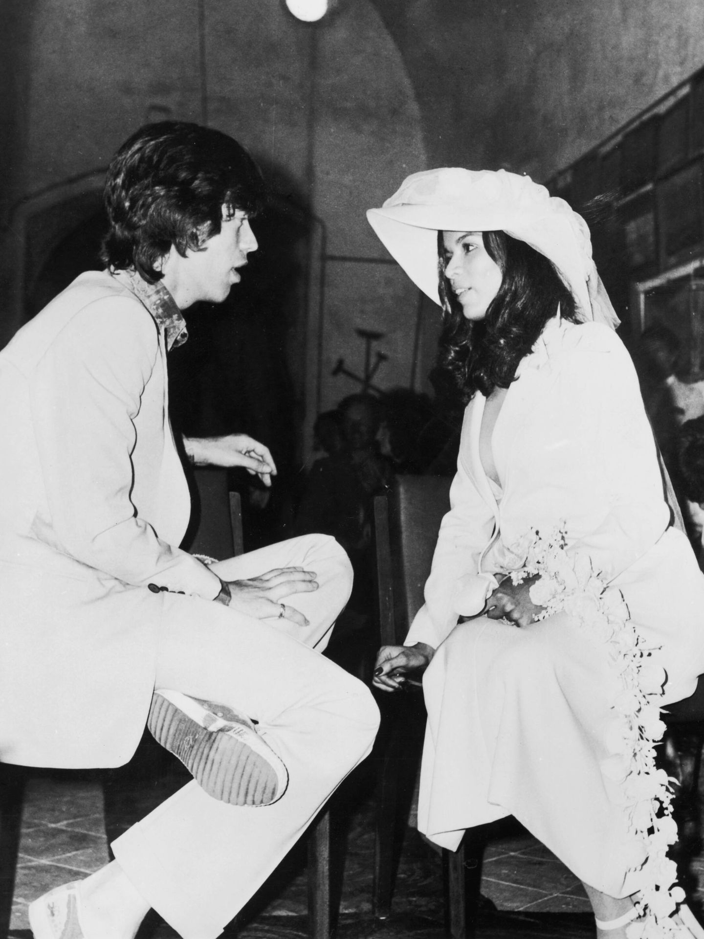 Mick y Bianca Jagger el día de su boda. (Getty)
