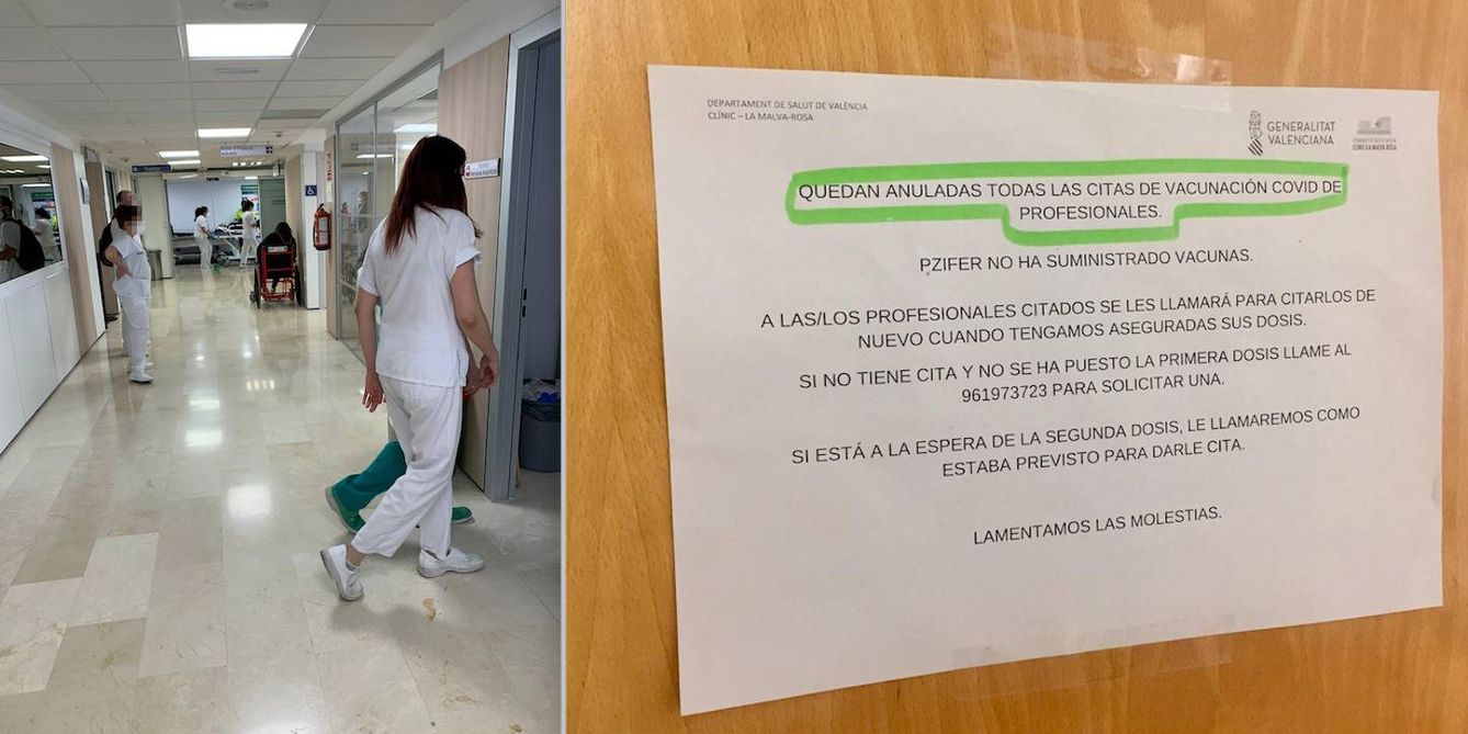 Interior del Hospital Clínico de Valencia. A la derecha, cartel informativo.
