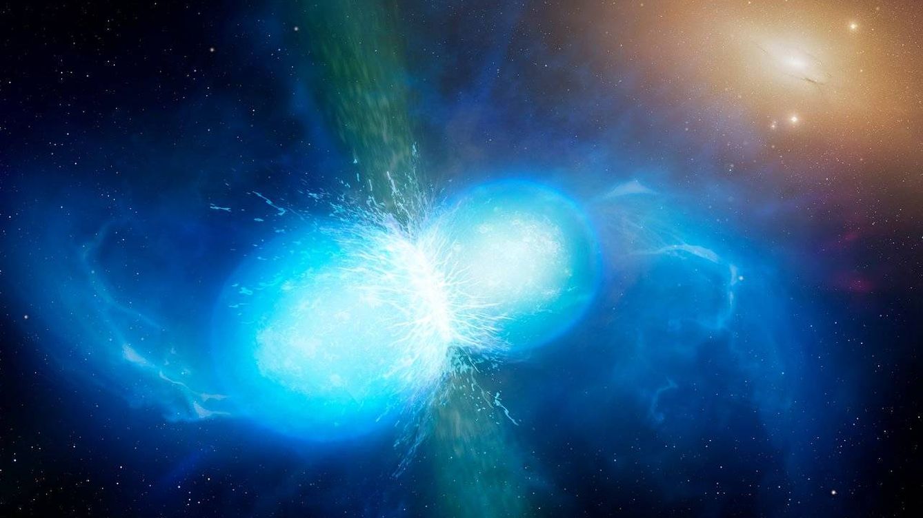 Foto: Una ilustración de la fusión de dos estrellas de neutrones que forman una kilonova. (ESA)