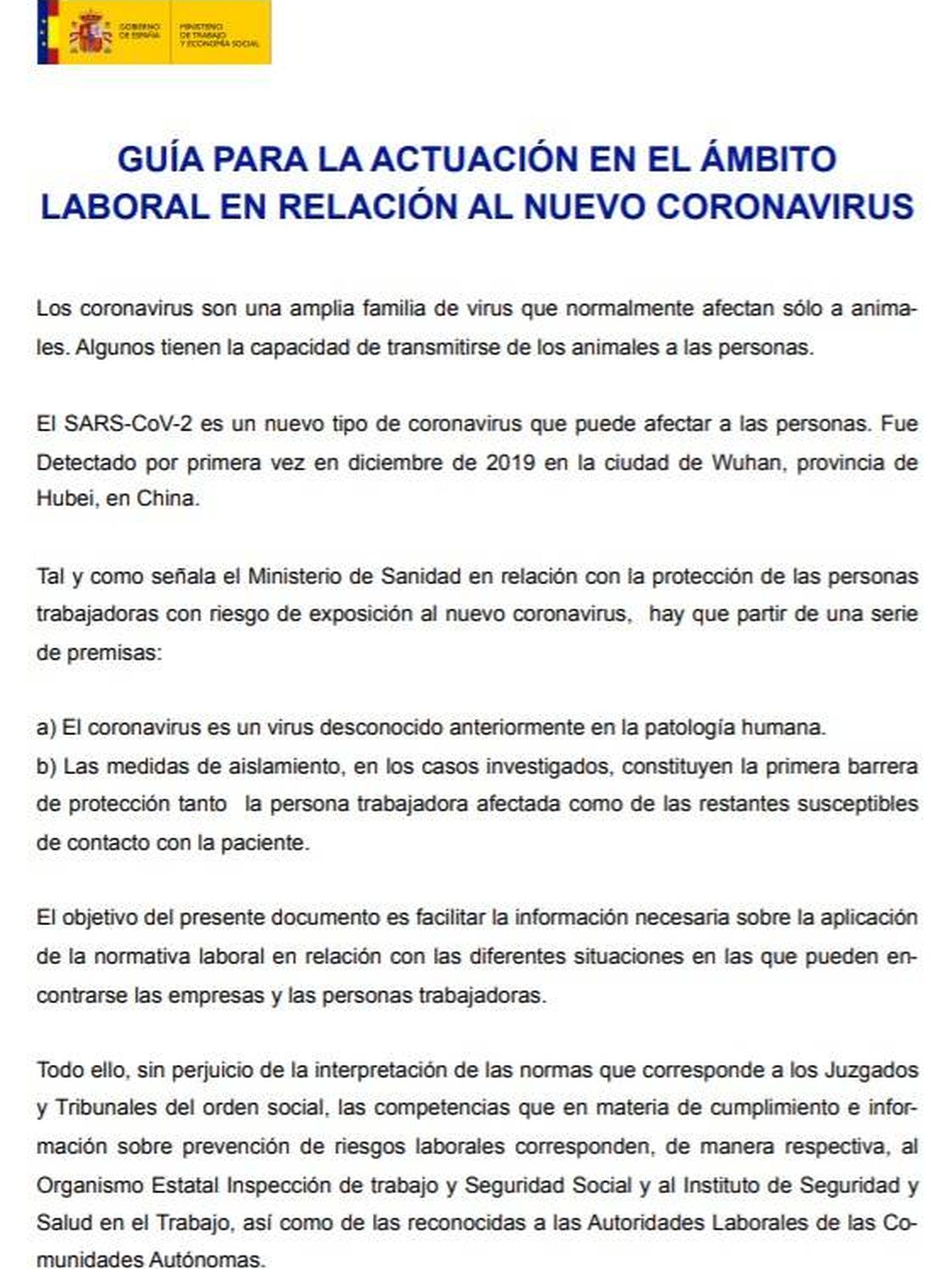 Guía de actuación frente al coronavirus publicada por el Ministerio de Trabajo y Economía Social.