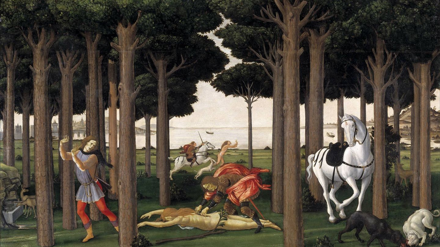 La historia de Nastagio degli Honesti. Primer episodio. Sandro Botticelli. 1483. Museo del Prado.