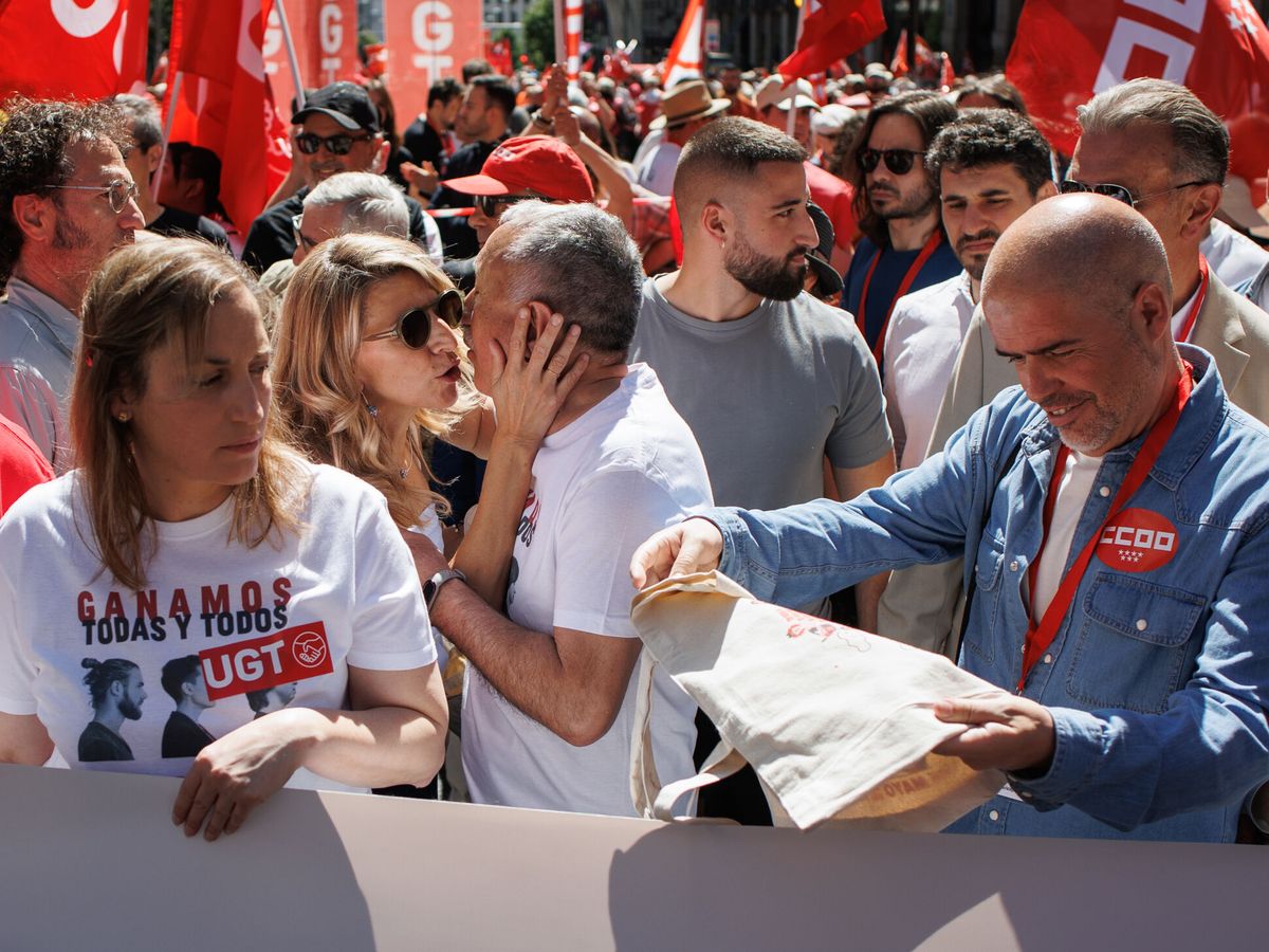 Foto: La manifestación del 1 de mayo de 2023 con la vicepresidenta Yolanda Díaz y los principales líderes de los sindicatos. (Europa Press/Alejandro Martínez Vélez)