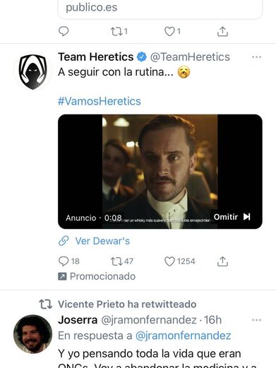 Tuit del club de 'e-sports' Team Heretics, promocionado por Dewars.