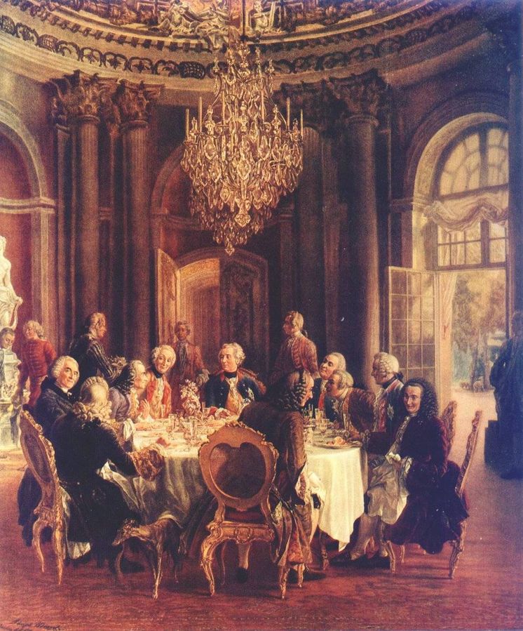 Foto: Voltaire, a la izquierda, en la corte de Federico II, autor del célebre lema del despotismo ilustrado "Todo para el pueblo, pero sin el pueblo". (Adolph von Menzel, 1850)
