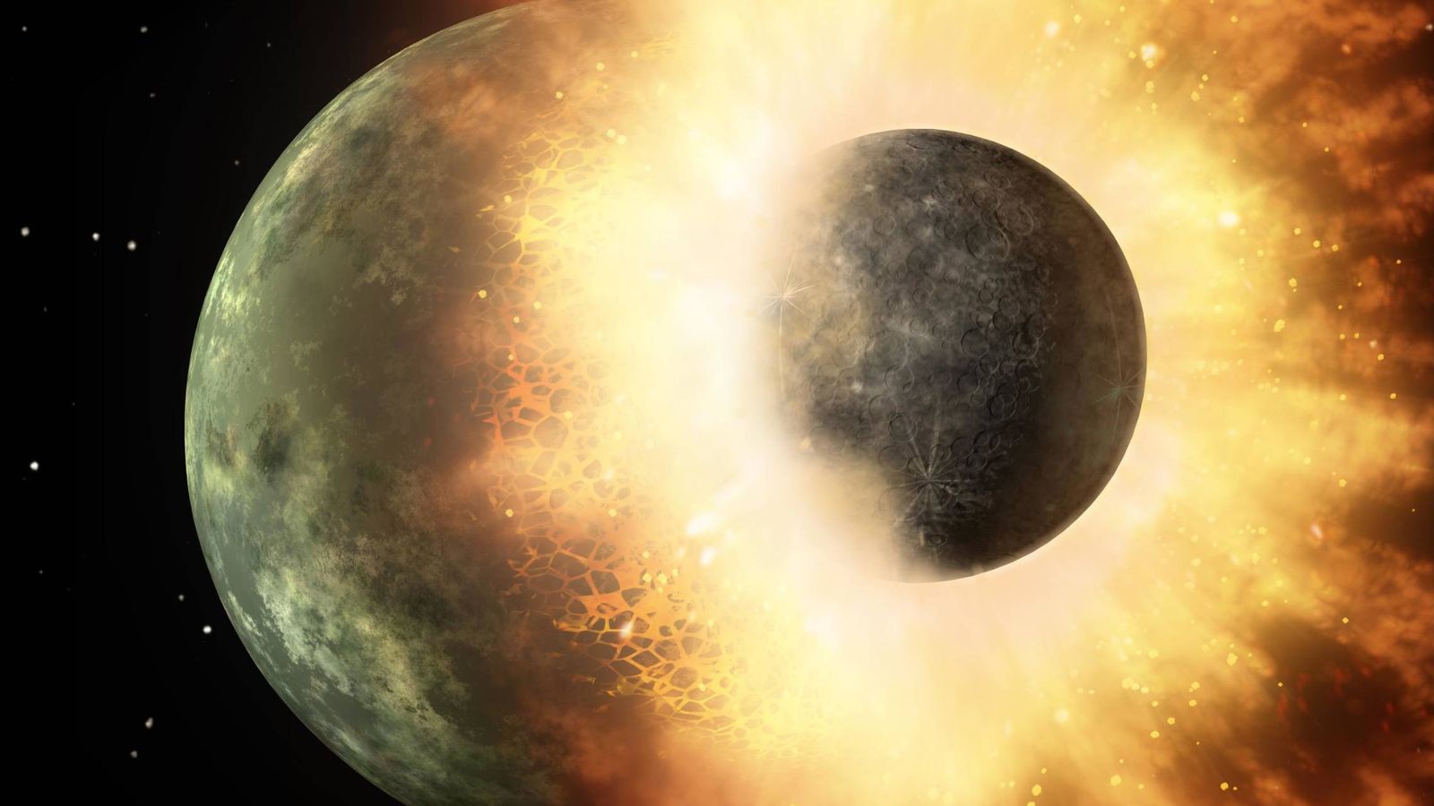 Foto: Ilustración del impacto entre dos cuerpos planetarios, la teoría más corriente hasta ahora sobre la formación de la Luna (NASA)