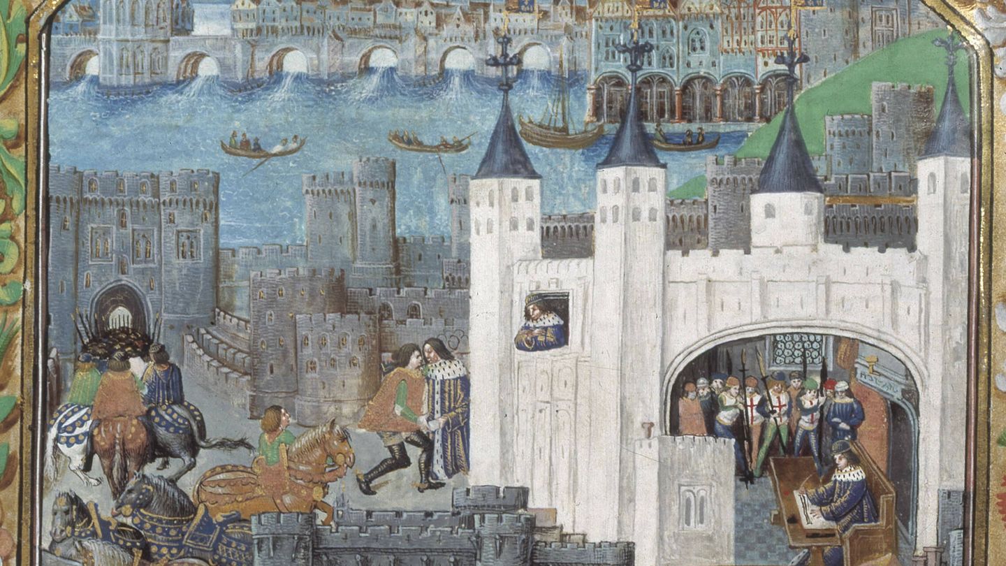 Representación del encarcelamiento de Charles, duque de Órleans, en la Torre de Londres, extraída de un manuscrito iluminado de sus poemas publicado en el siglo XV. Fuente: British Library, MS Royal vía Wikipedia