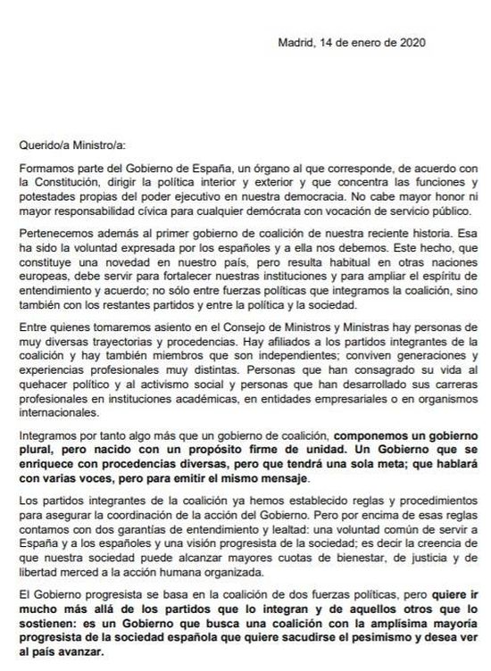 Consulte aquí en PDF la carta que Pedro Sánchez dirige a sus ministros en la primera reunión del Gobierno de coalición. 