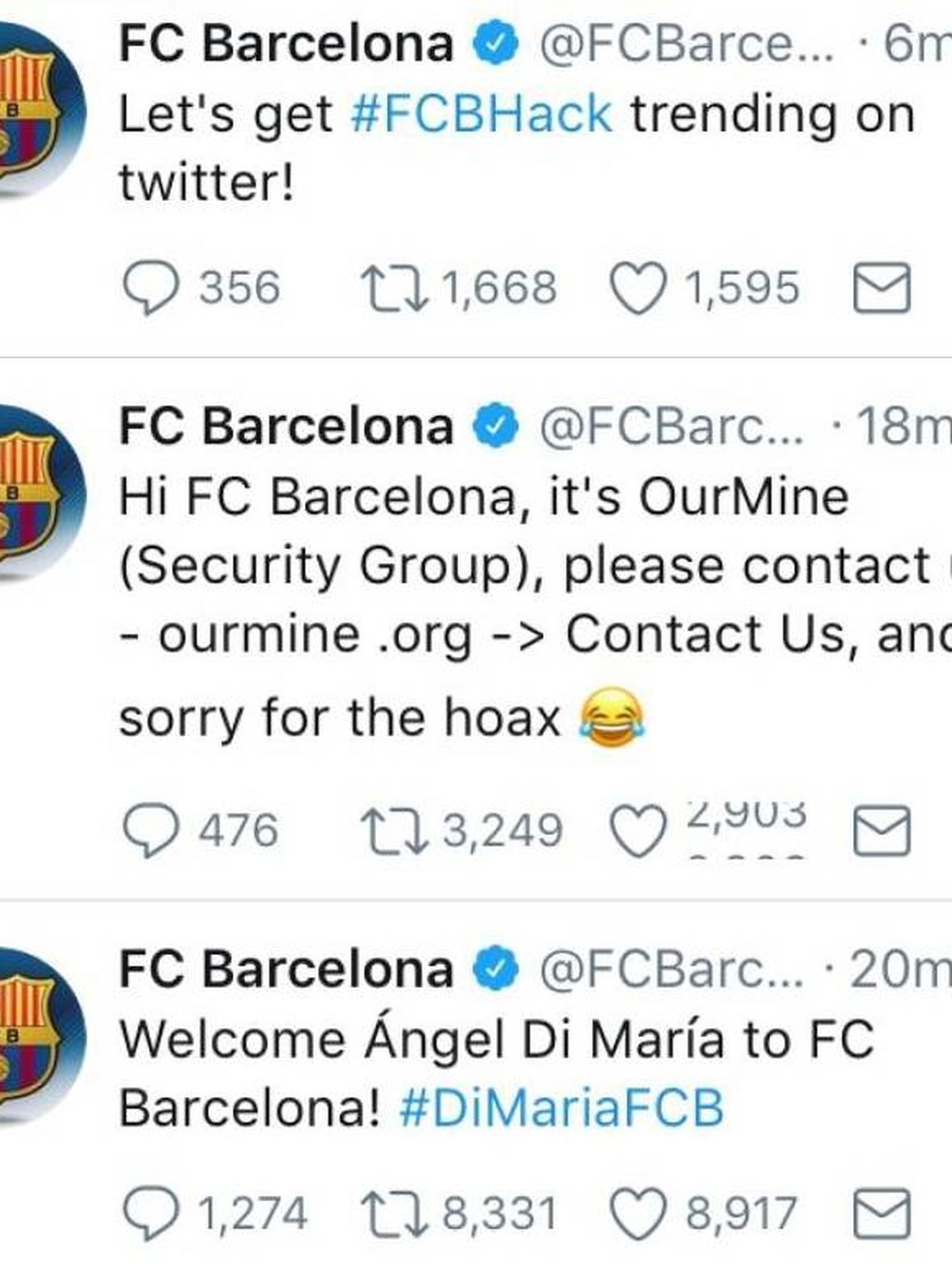 El 'hackeo' de la cuenta de Twitter del FC Barcelona.