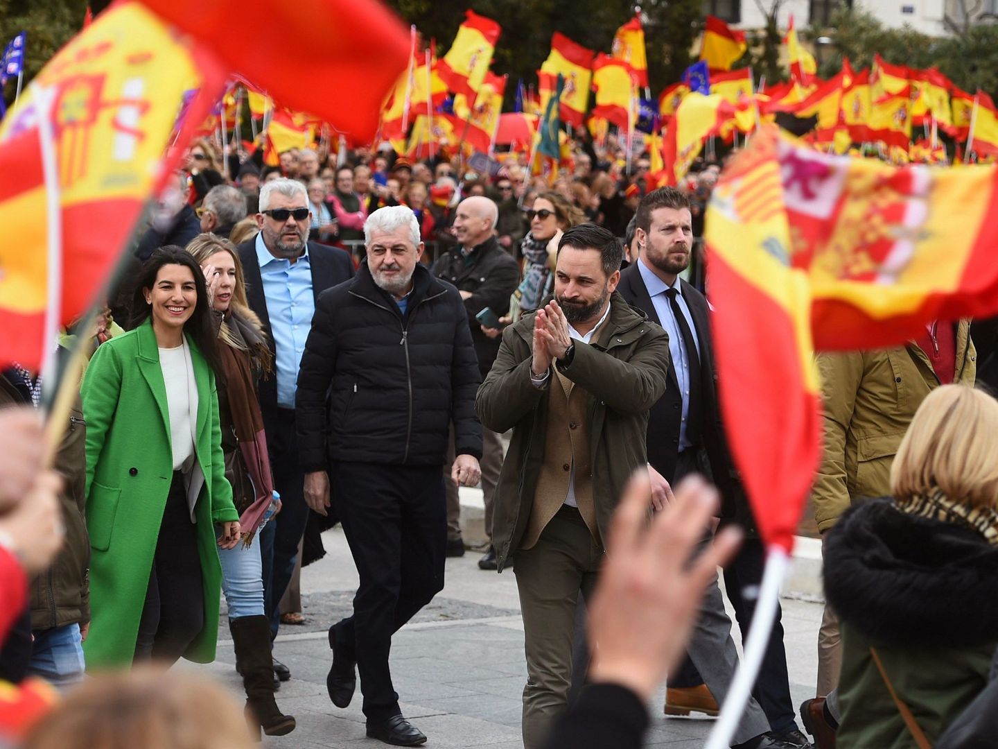 El presidente de Vox, Santiago Abascal, a su llegada a la concentración en la plaza de Colón de Madrid, en 2019 (EFE)