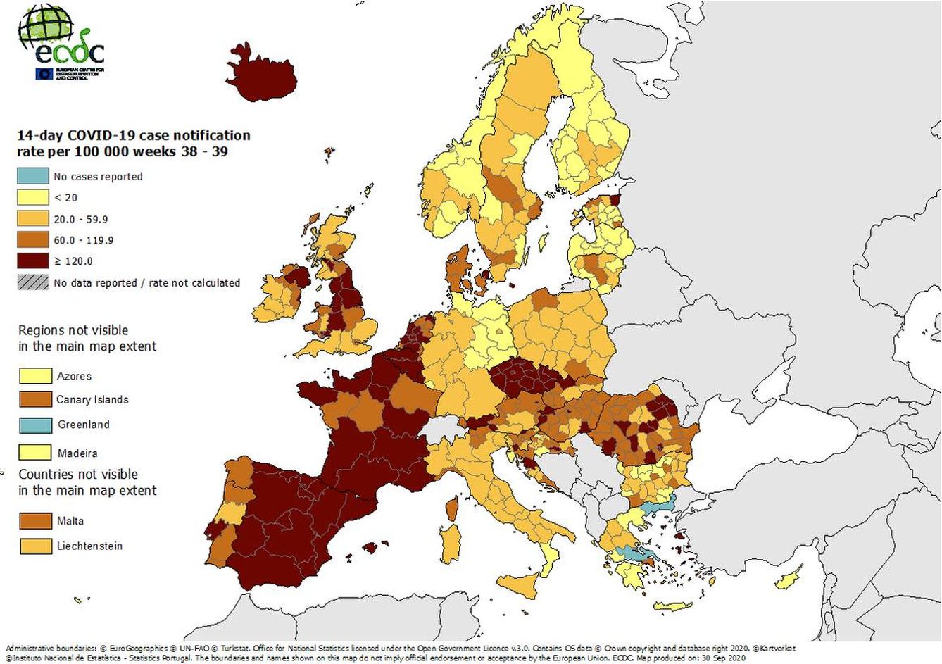 Mapa de incidencia de nuevos contagios por regiones en Europa. (ECDC)
