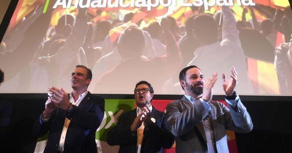 Foto: El secretario general de Vox, Javier Ortega Smith, el candidato a la presidencia de la Junta de Andalucía, Francisco Serrano, y el presidente, Santiago Abascal. (EFE)