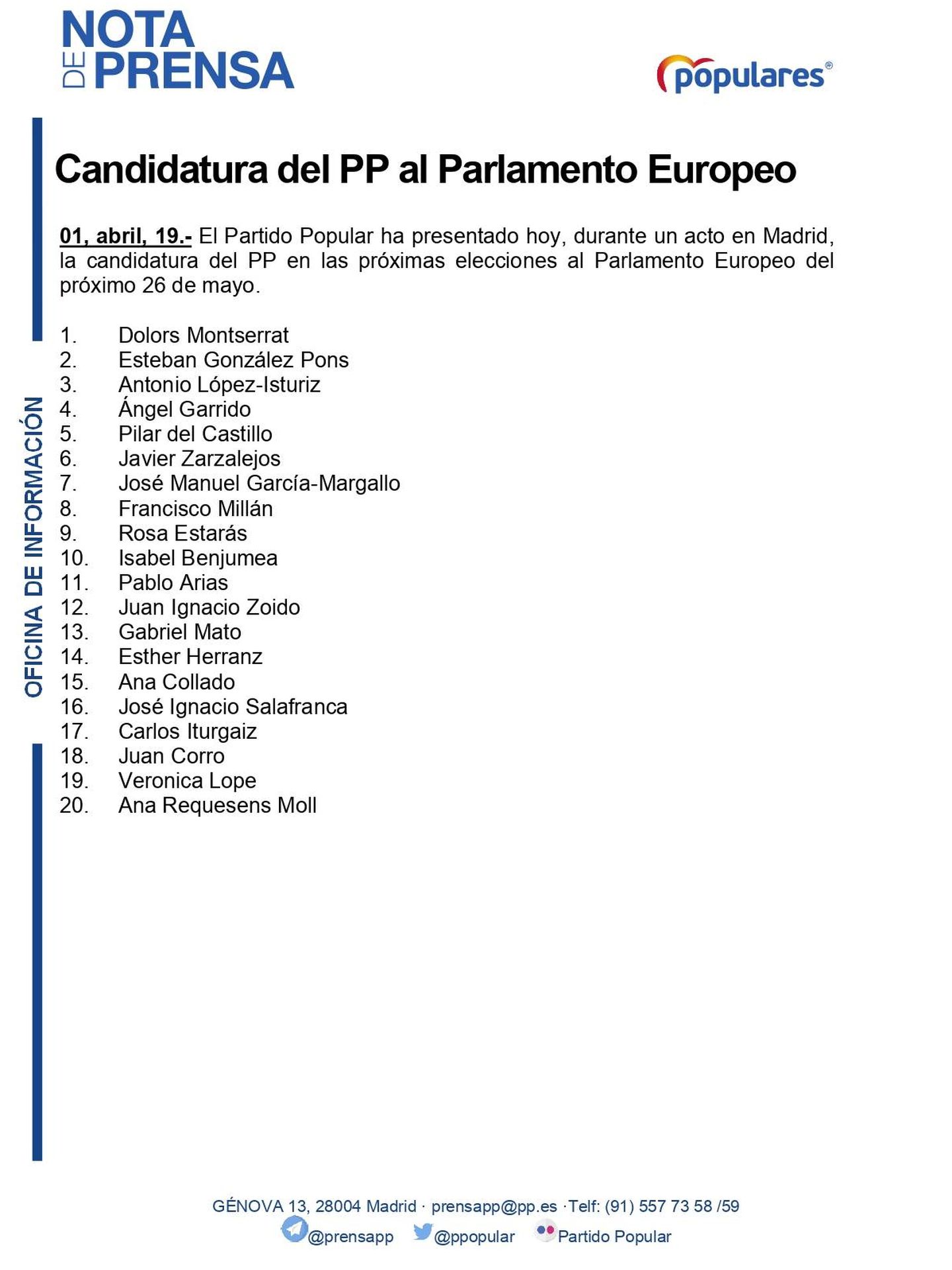Pinche para ver la lista del PP al Parlamento Europeo.