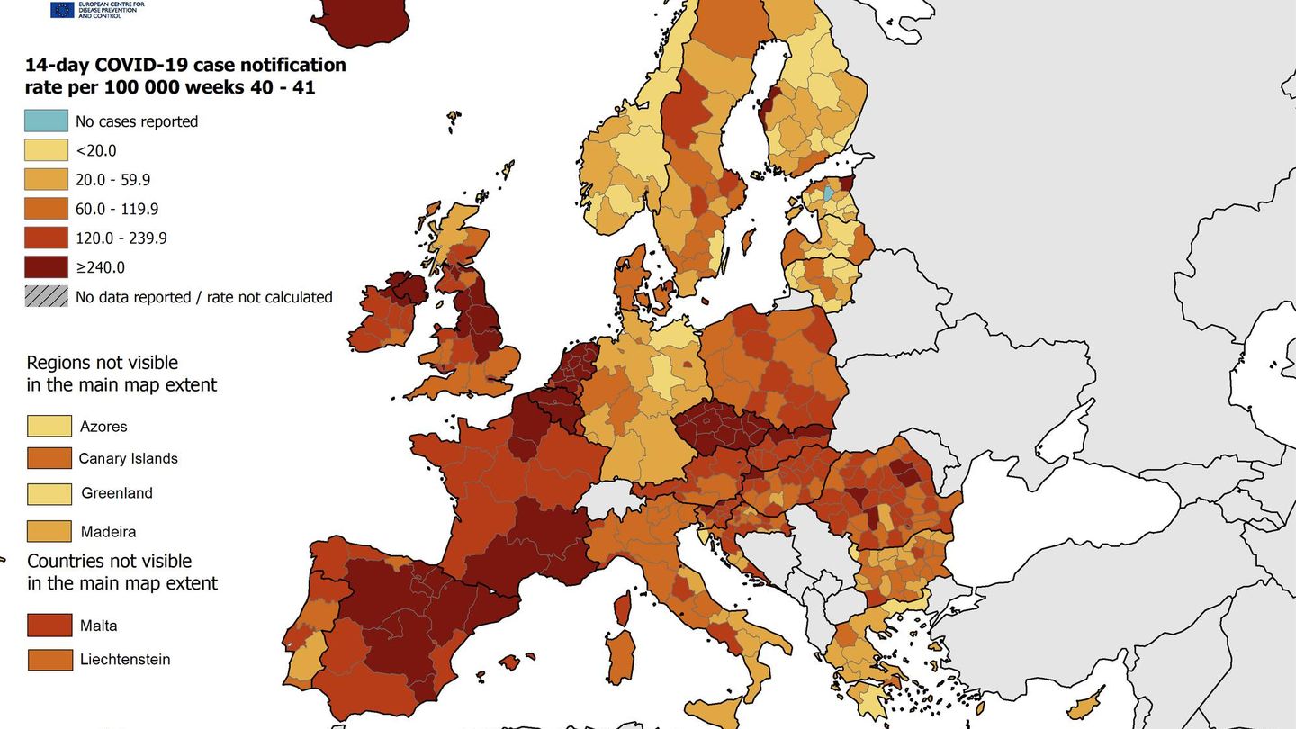 Mapa de incidencia de nuevos contagios por regiones en Europa (ECDC)
