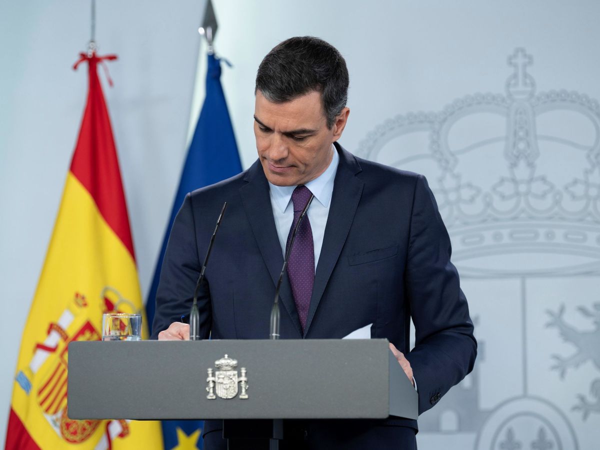 Foto: El presidente del Gobierno, Pedro Sánchez, durante su rueda de prensa de este 16 de mayo en la Moncloa. (Borja Puig | Pool Moncloa)