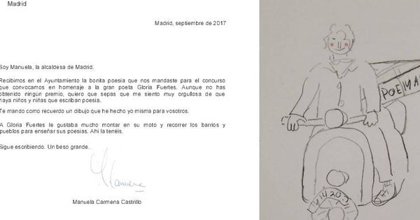 Foto: Una de las cartas y el dibujo con el que Carmena las ha acompañado.