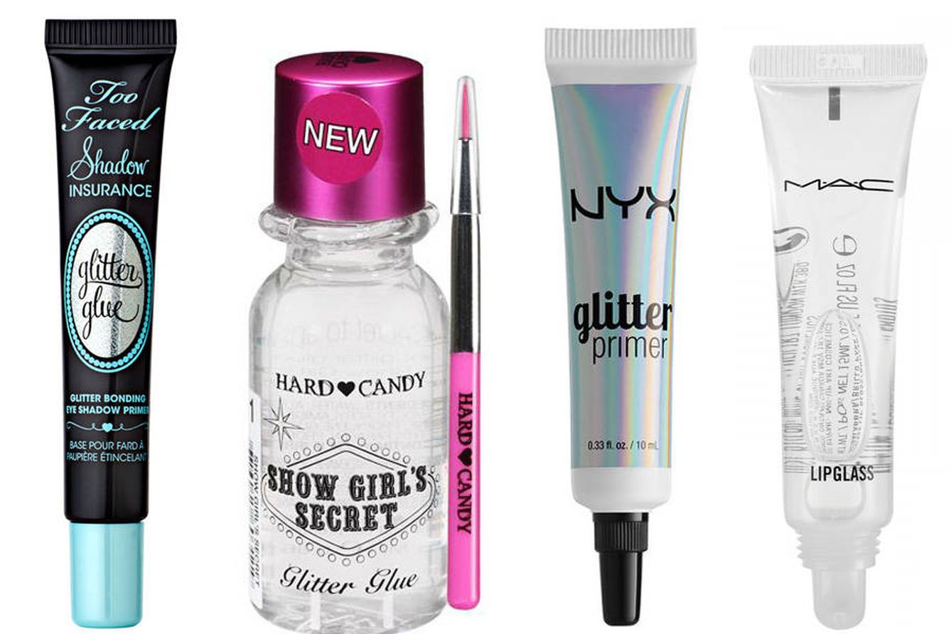Glitter Glue, de Too Faced; Show Girl's Secret Glitter Glue, de Hard Candy; Glitter Primer, de Nyx; Clear Lipglass, de MAC.