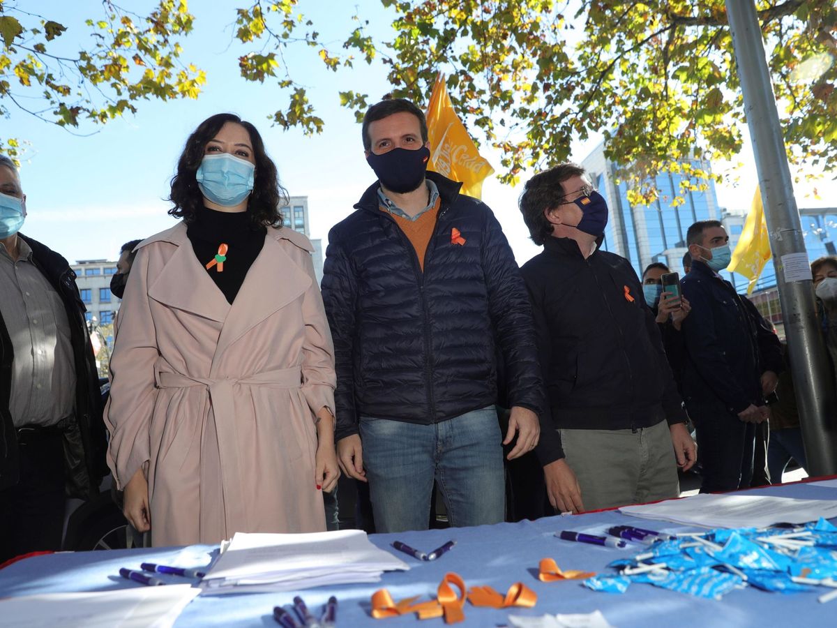 Foto: Pablo Casado (c), junto con Isabel Díaz Ayuso (i) y José Luis Martínez-Almeida (d), en la manifestación de ayer en Madrid. (EFE) 