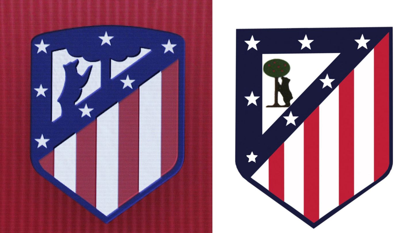 Fotografía con los escudos posterior y anterior al 2017 del Atlético de Madrid. (EFE/Víctor Lerena).