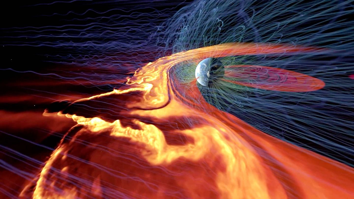 Imagen del choque del plasma del sol contra el campo magnético terrestre. (NASA)