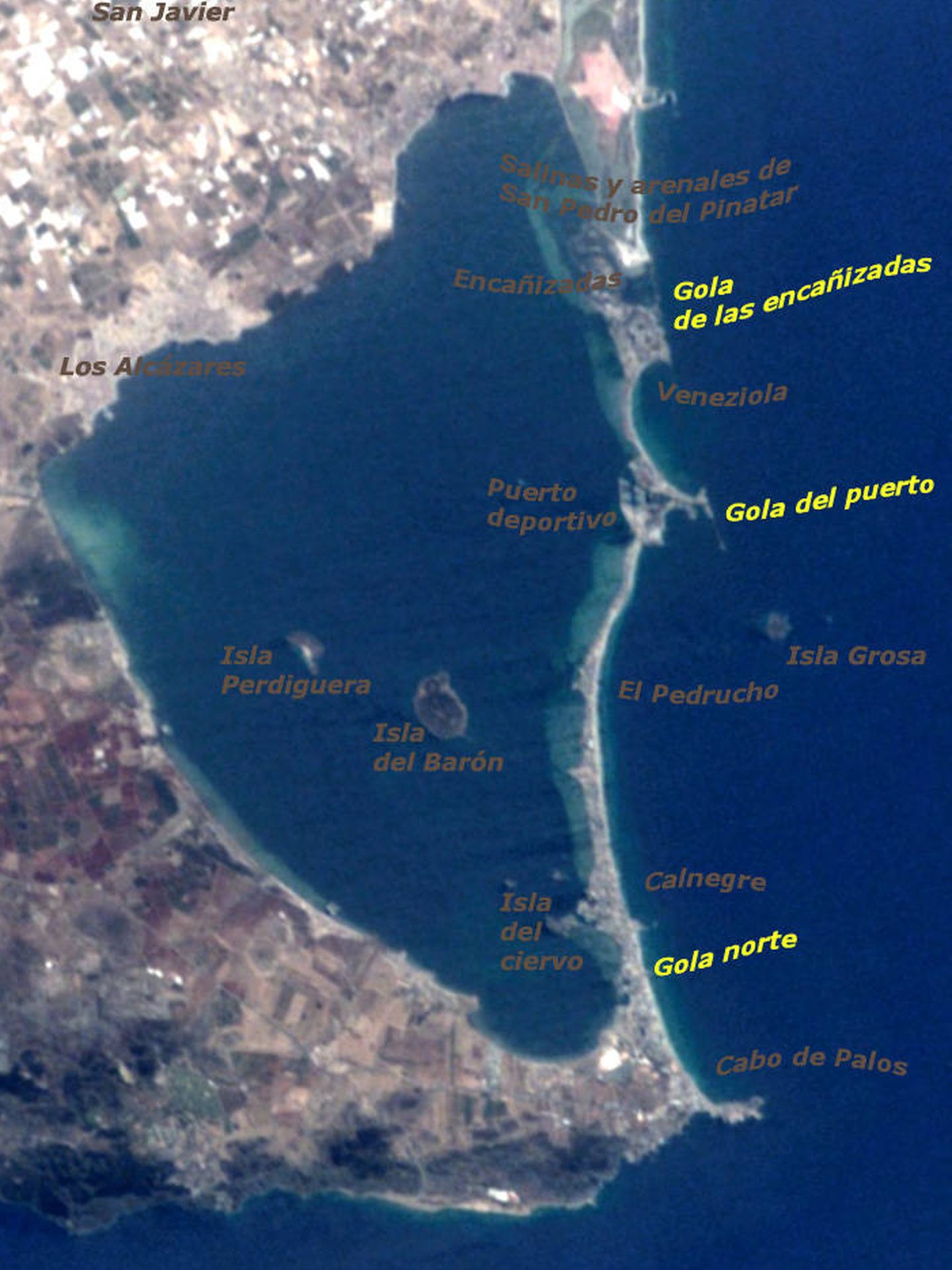 Vista de satélite de la Manga del Mar Menor y sus golas.