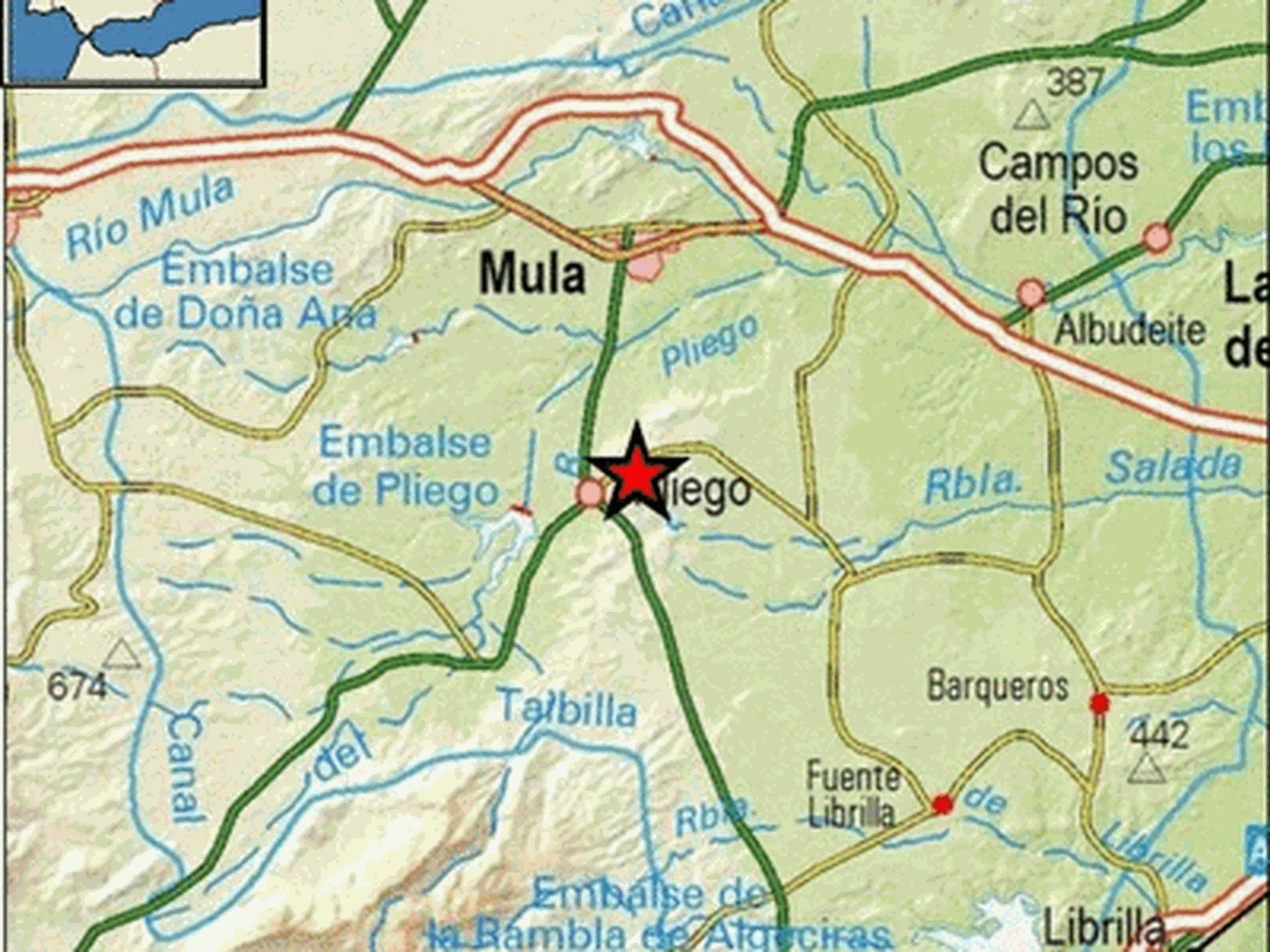 Epicentro del terremoto en las proximidades de Pliego. (IGN)