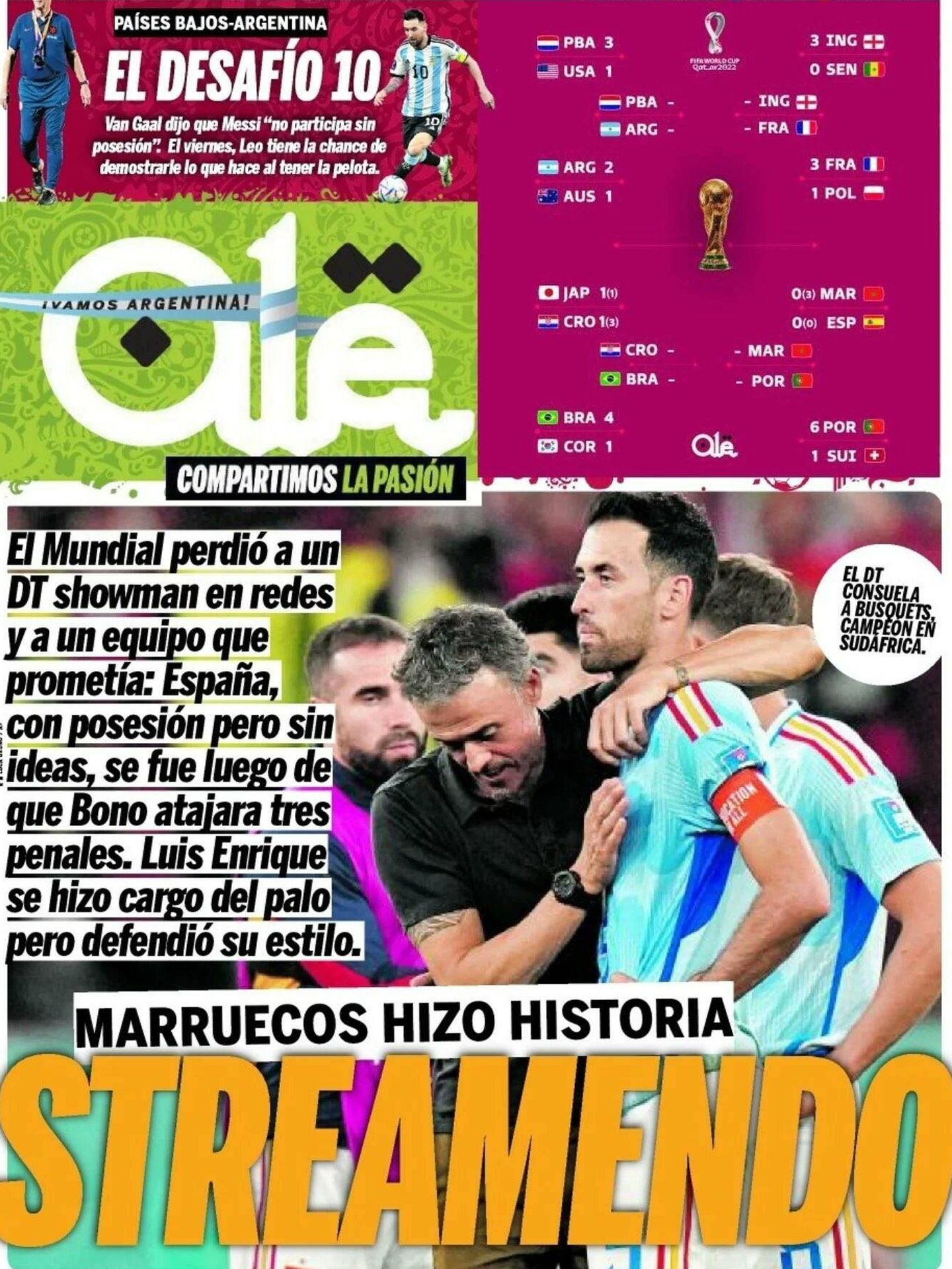Portada del diario argentino 'Olé'. 