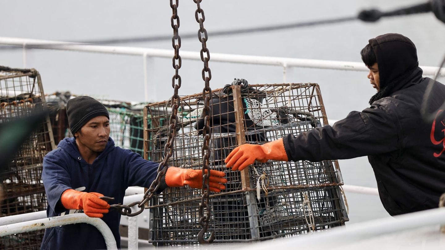 Dos marineros trabajan a bordo de un barco amarrado en el puerto de A Coruña. (EFE/Cabalar)