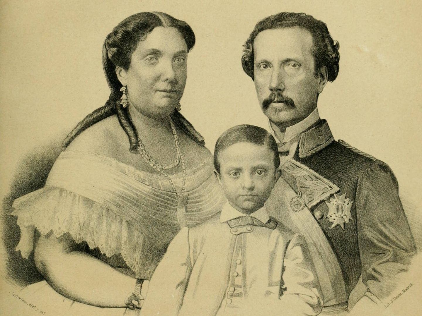 Retrato del un joven príncipe Alfonso junto a su madre Isabel II y su padre putativo Francisco de Asís de Borbón