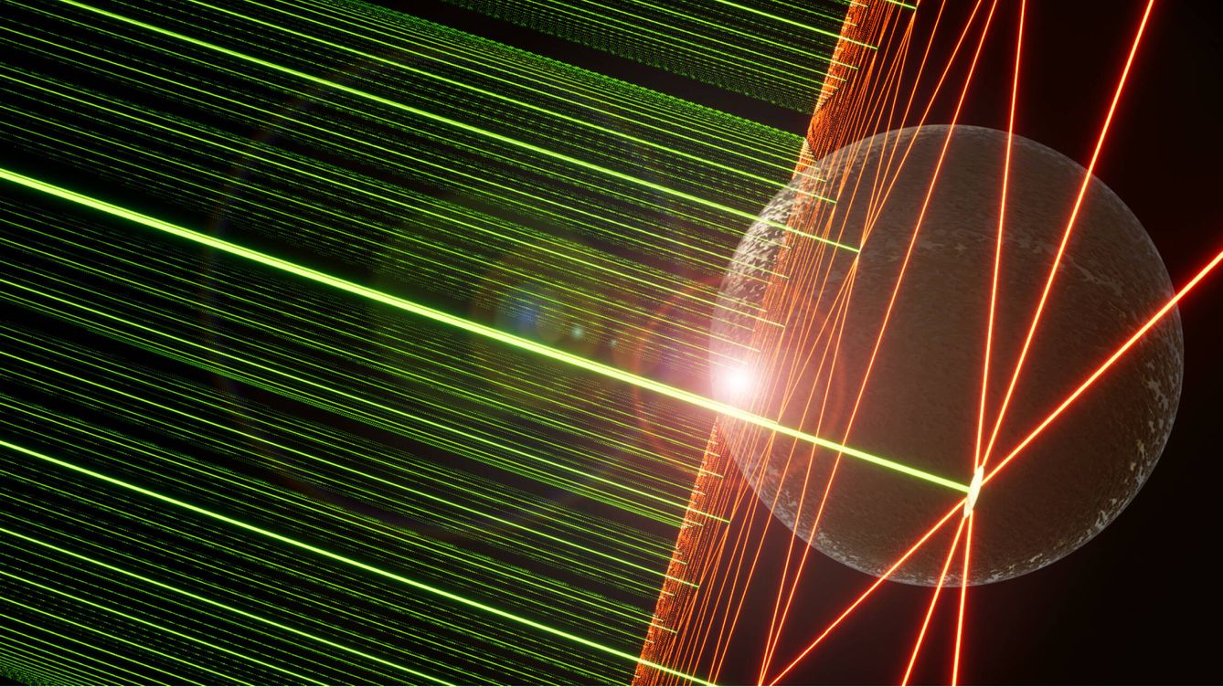 Foto: Ilustración artística de las sondas en formación, conectadas por láser (naranja) y enviando señales láser a la Tierra (verde).  (Proyecto Breakthrough Starshot)