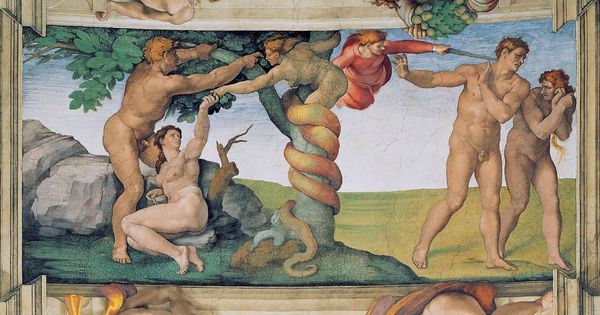 Foto: El cuadro 'La tentación de Adán y Eva y la expulsión del Paraíso', de Miguel Ángel