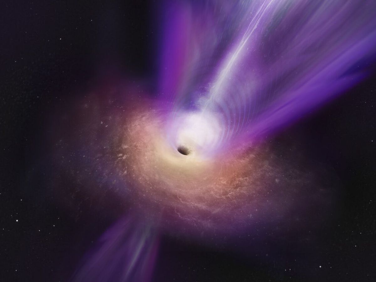 Foto: Representación artística en la que el chorro masivo del agujero negro. (EFE)
