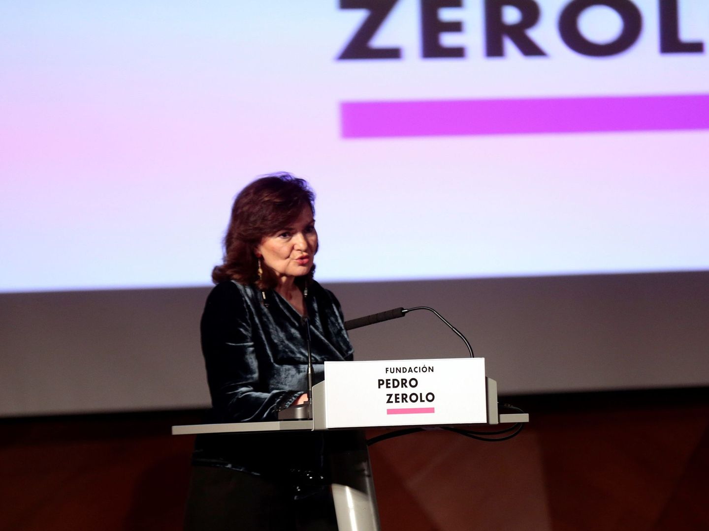 La vicepresidenta y ministra de la Presidencia y Relaciones con las Cortes e Igualdad, Carmen Calvo, este 26 de febrero en la presentación de la Fundación Pedro Zerolo, en Madrid. (EFE)