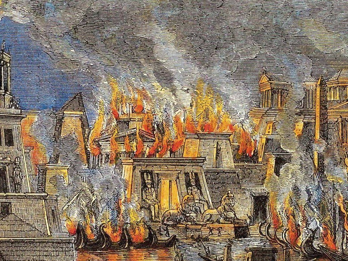 Foto: Grabado de 1876 que recrea el incendio de la Biblioteca de Alejandría